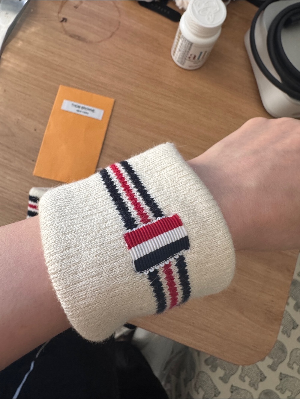 THOM BROWNE Cotton Headband & Wrist Cuff Set Ivory White Knit Stripe *READ - Picture 6 of 6